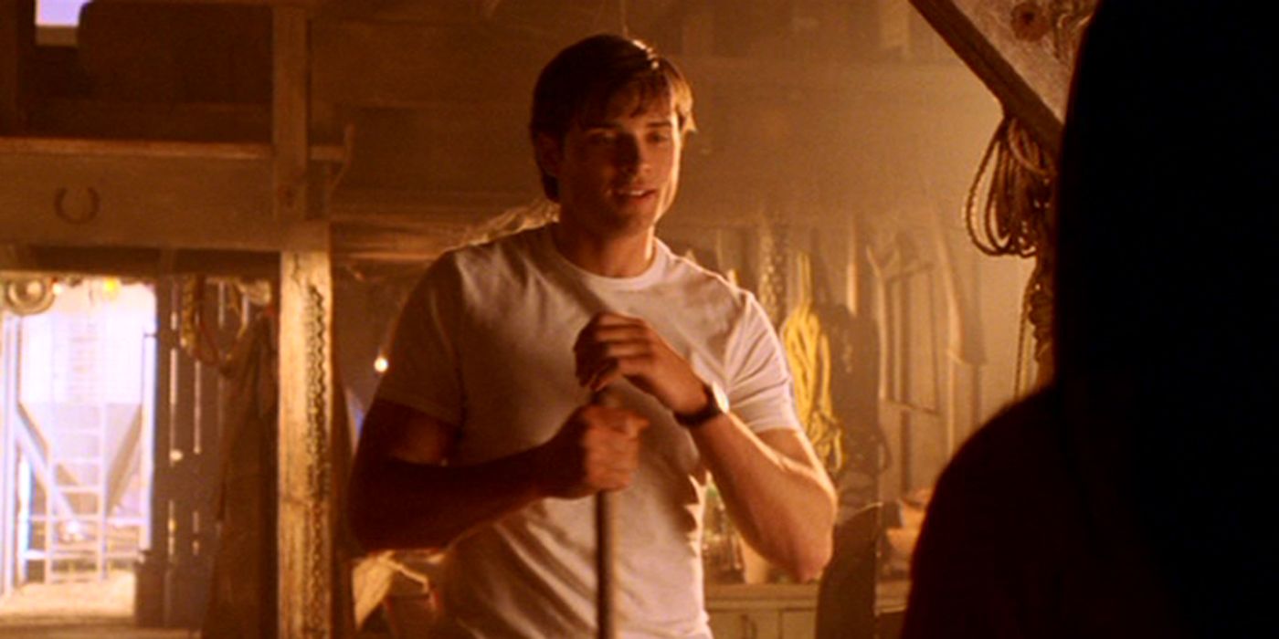 Clark Kent working in his barn in Smallville.