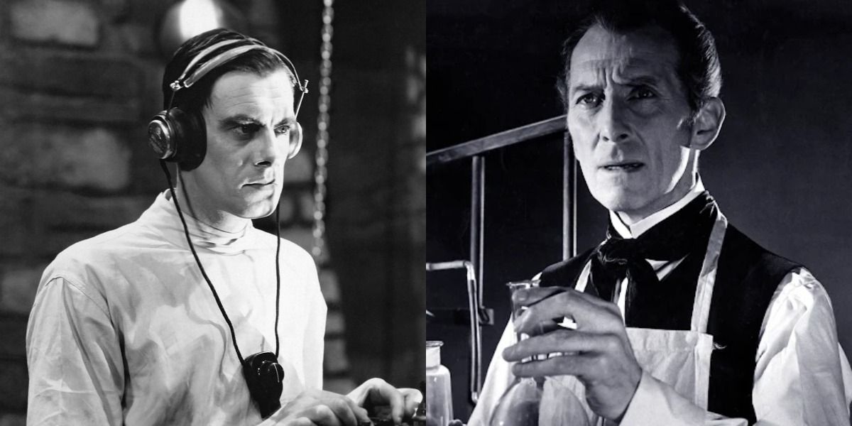 Colin Clive in Frankenstein and Peter Cushing in Frankenstein Must Be Destroyed.
