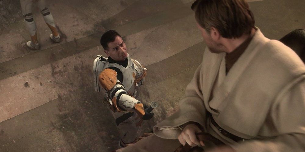 Commander Cody returns Obi-Wan's lightsaber in Revenge of the Sith