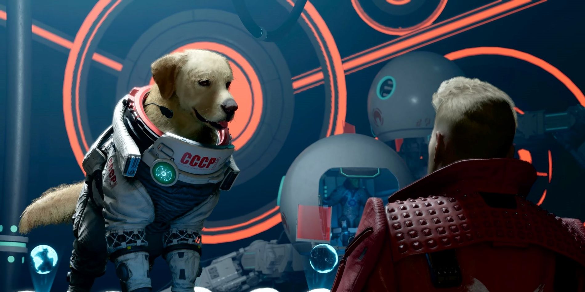 Cosmo the Space Dog talks with Peter Quill in Guardians Of The Galaxy