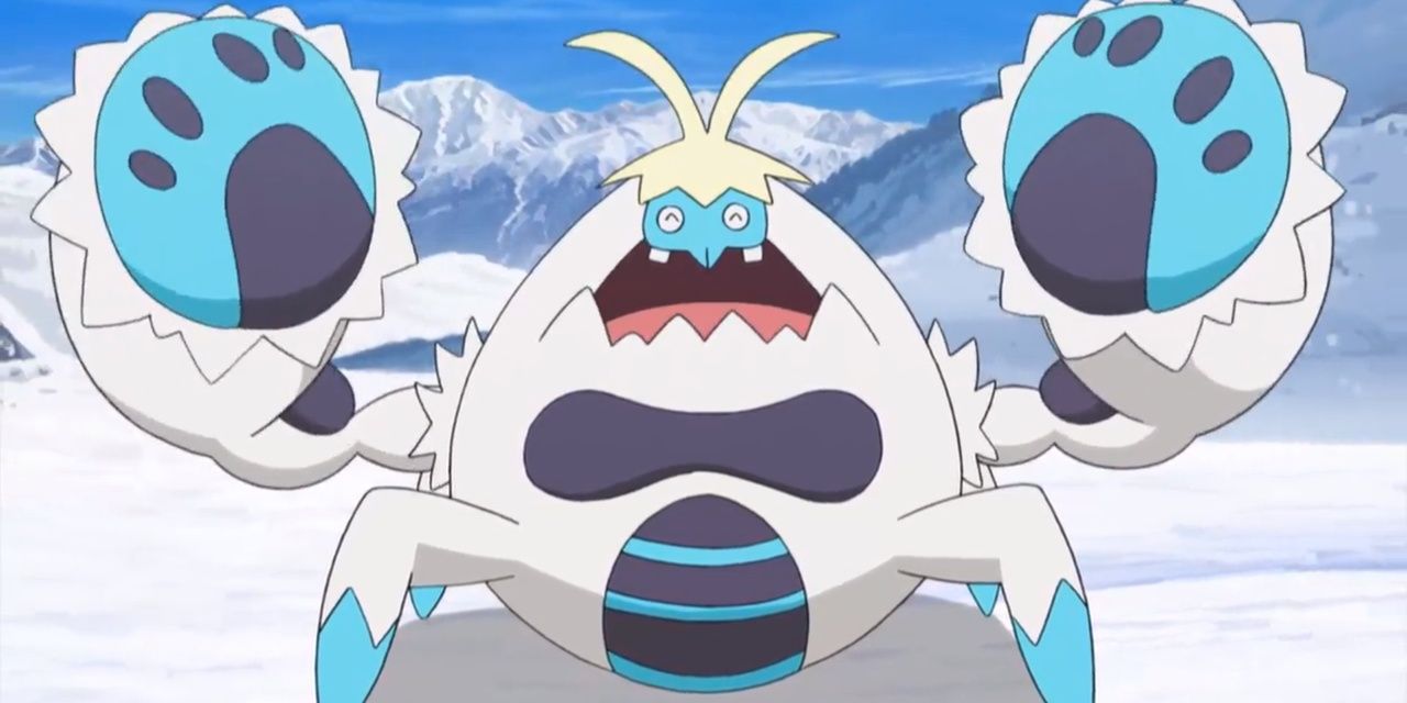 Ryder's Crabominable smiles in a wintry landscape in the Pokemon anime