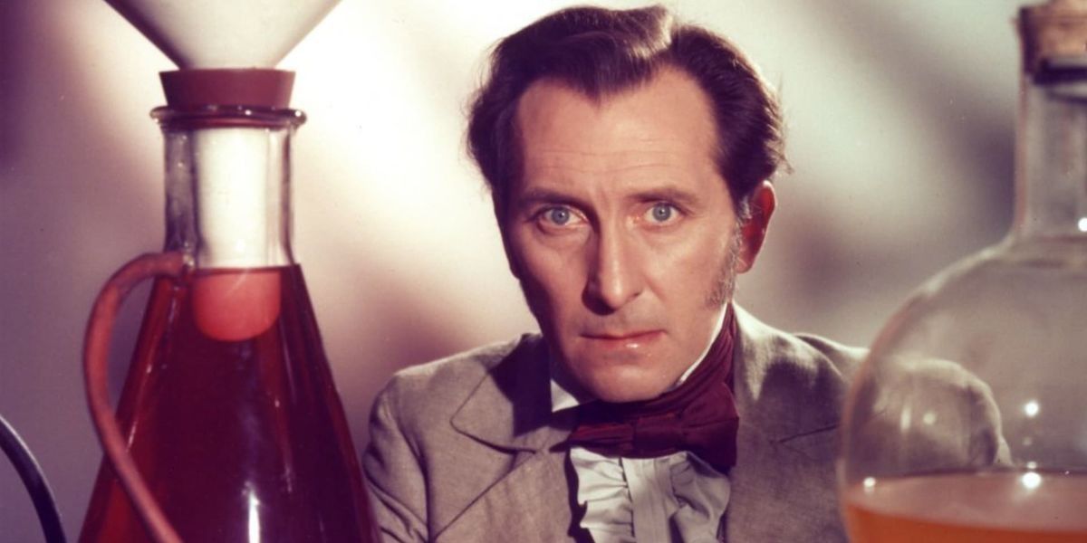 Peter Cushing stares intensely at the camera in Curse of Frankenstein.