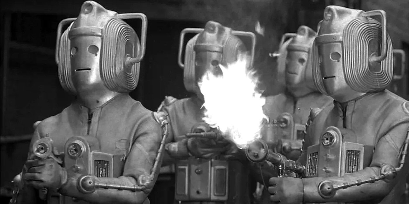 Four Cybermen during the invasion of Earth in Doctor Who