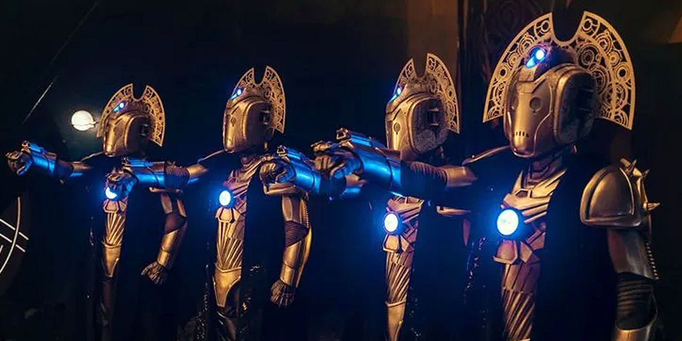 Four Cyber Masters raising their fists in Doctor Who