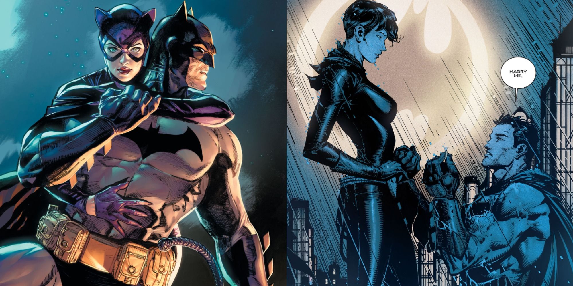 Split image of Catwoman holding Batman & Bruce proposing to Selina in DC Comics.