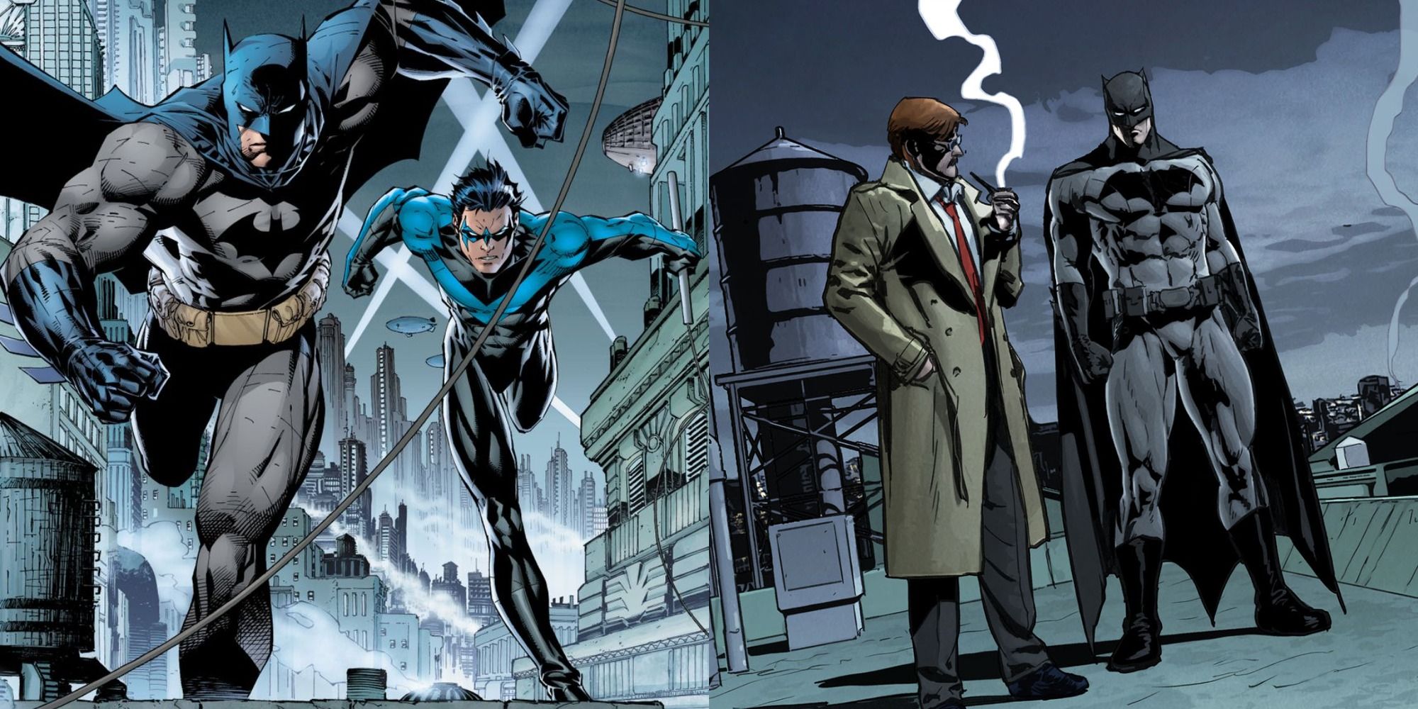 Split image: Batman and Nightwing running through Gotham City, Commisioner Gordon and Batman talk on a Gotham City rooftop.