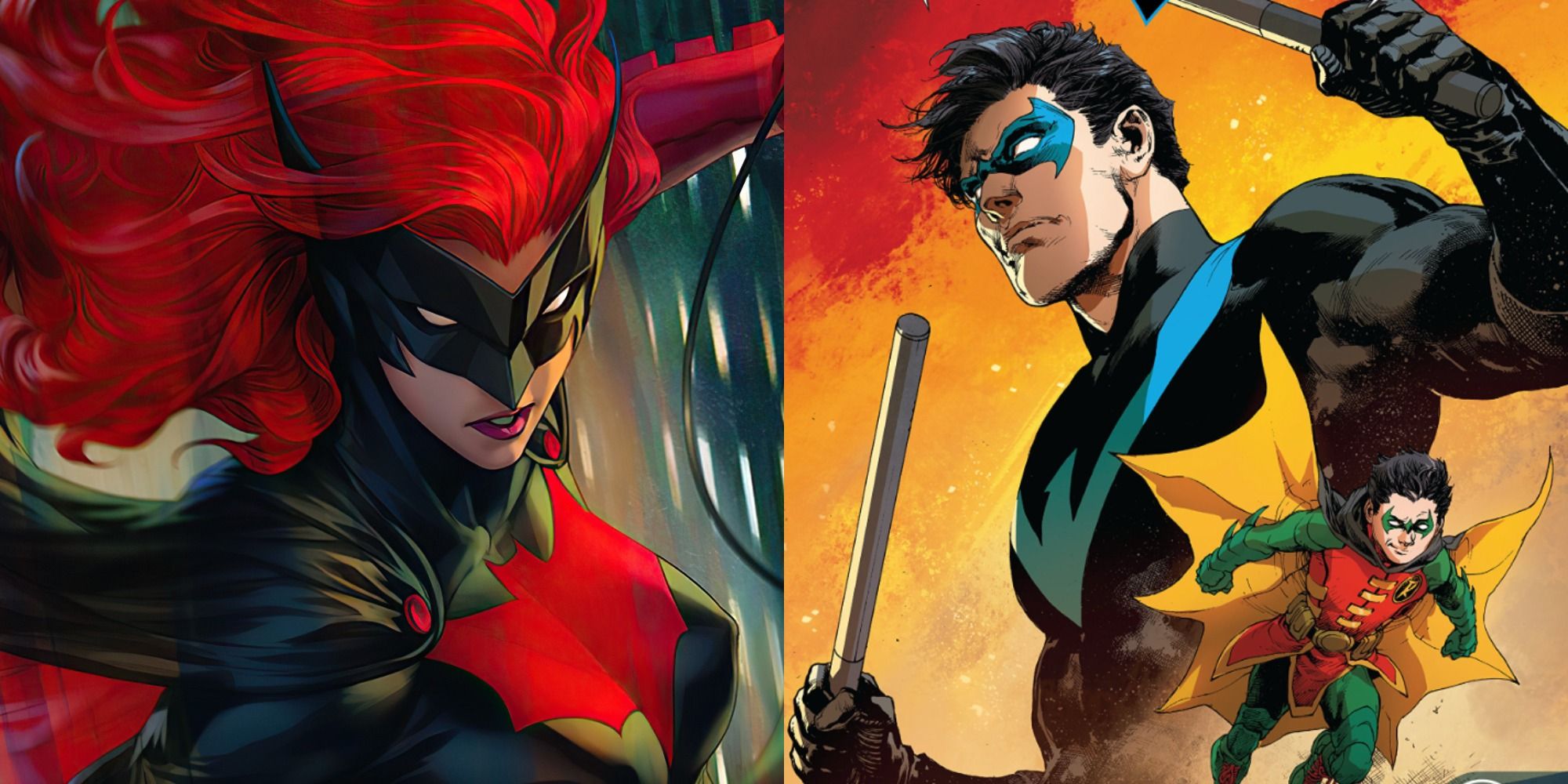 Split image of Batwoman posing & Nightwing and Robin leaping into battle in DC Comics.