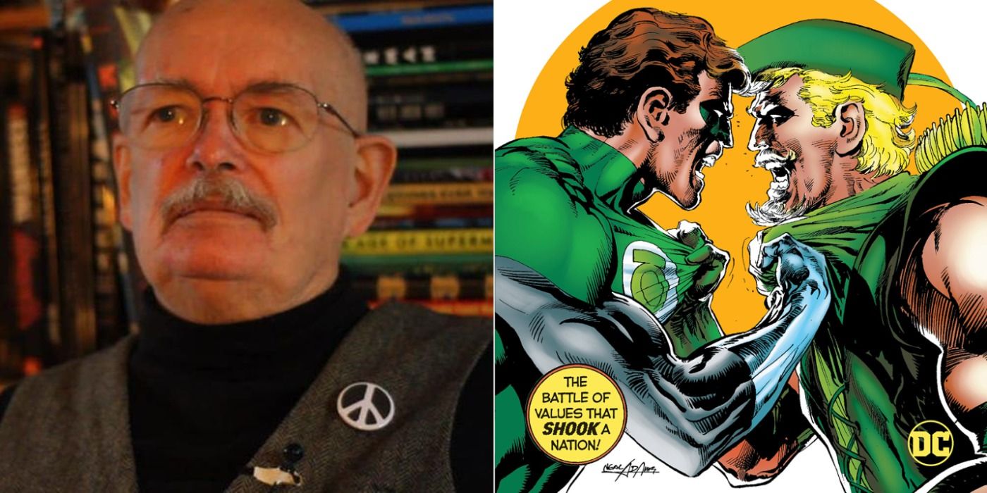 Split image showing comic book writer Denny O'Neill and a panel with Green Lantern confronting Green Arrow