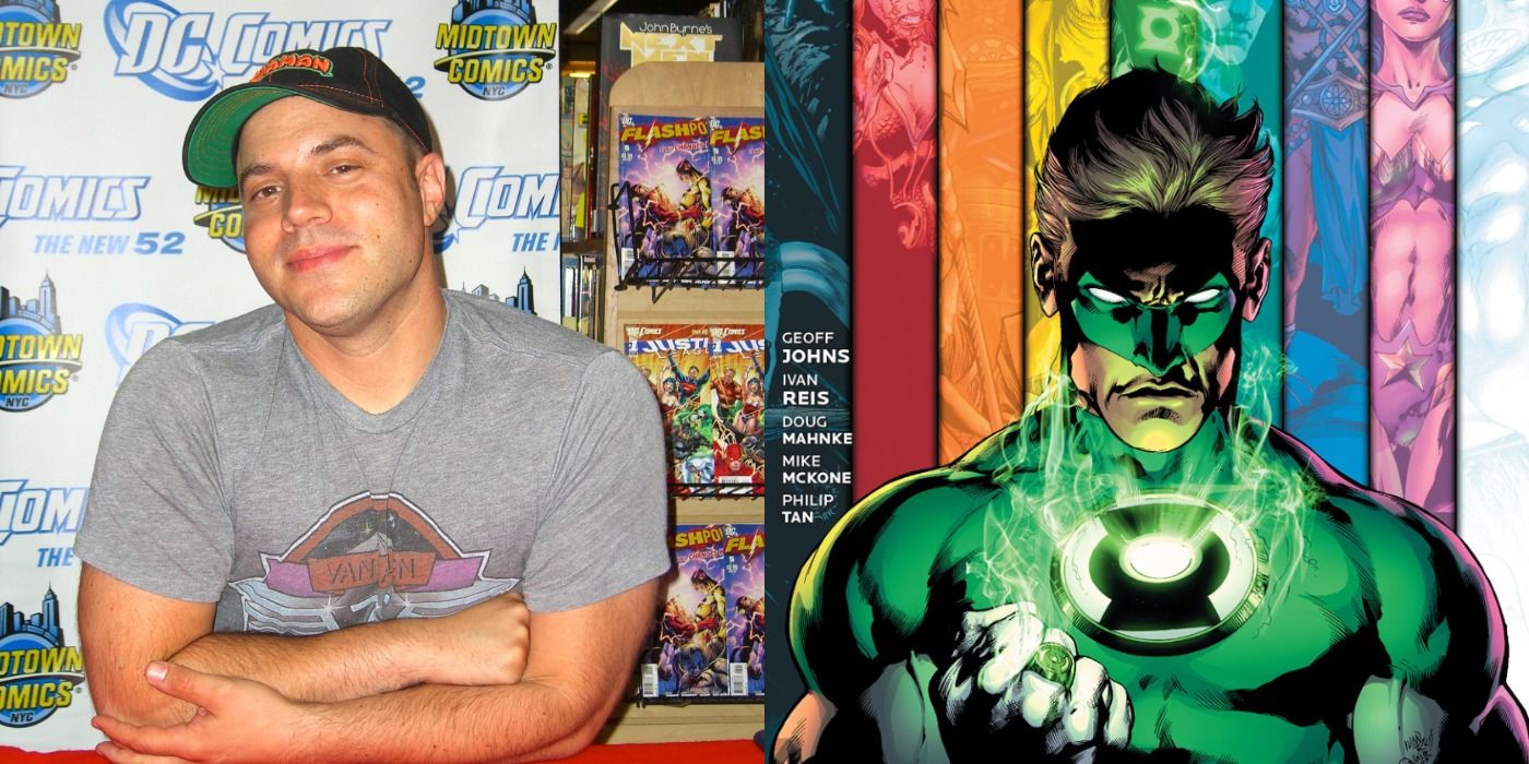 Split image showing Geoff Johns and Hal Jordan as Green Lantern
