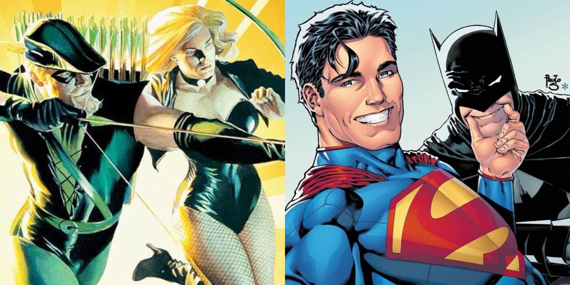 Split image of Green Arrow with Black Canary, and Superman with Batman