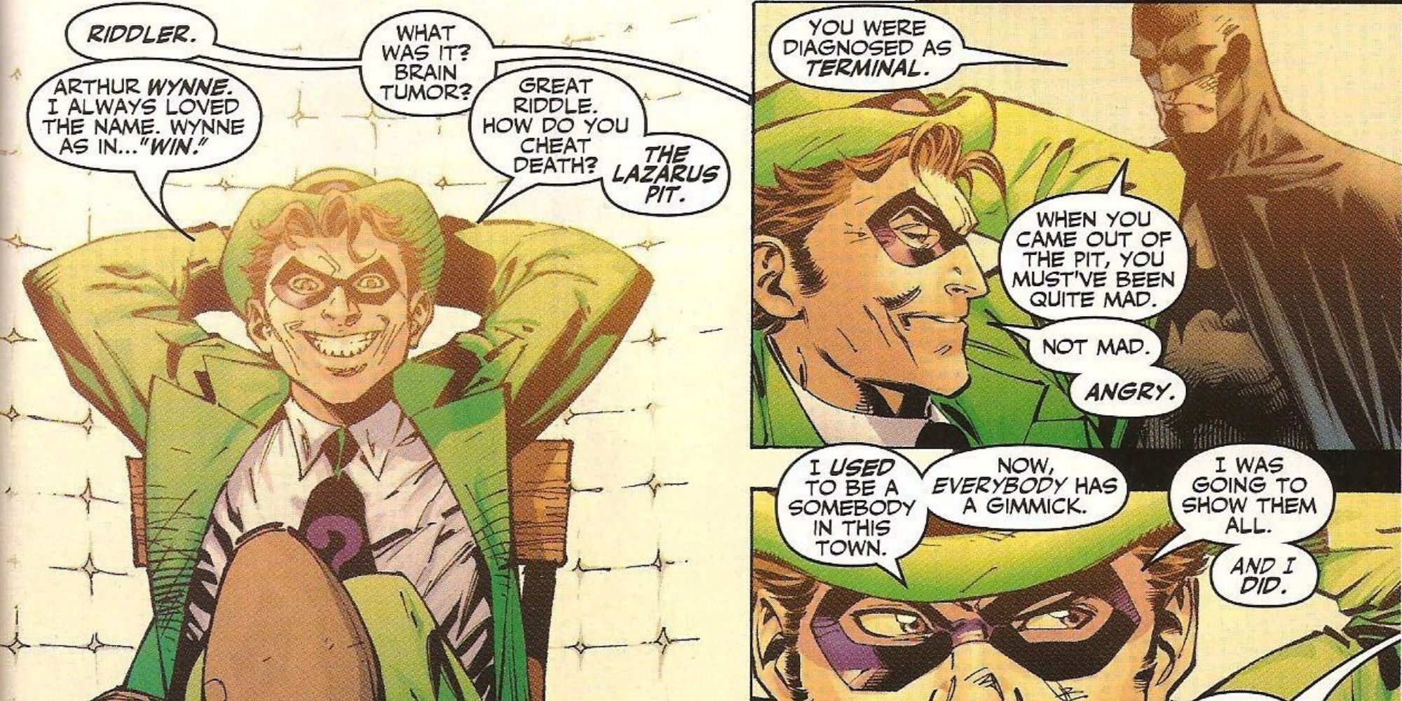 Riddler confessing to Batman he used a Lazarus Pit