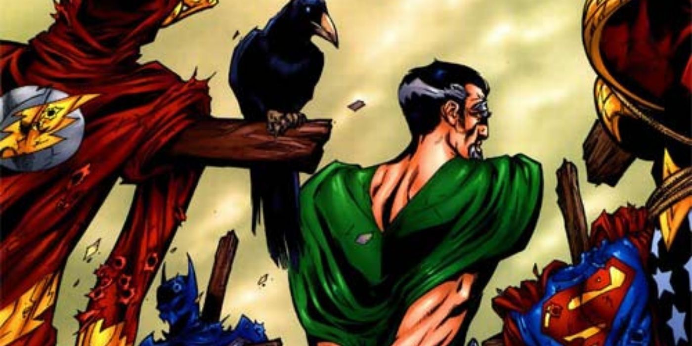R'as al Ghul surrounded by the ruined costumes of the Justice League on the cover of JLA #43