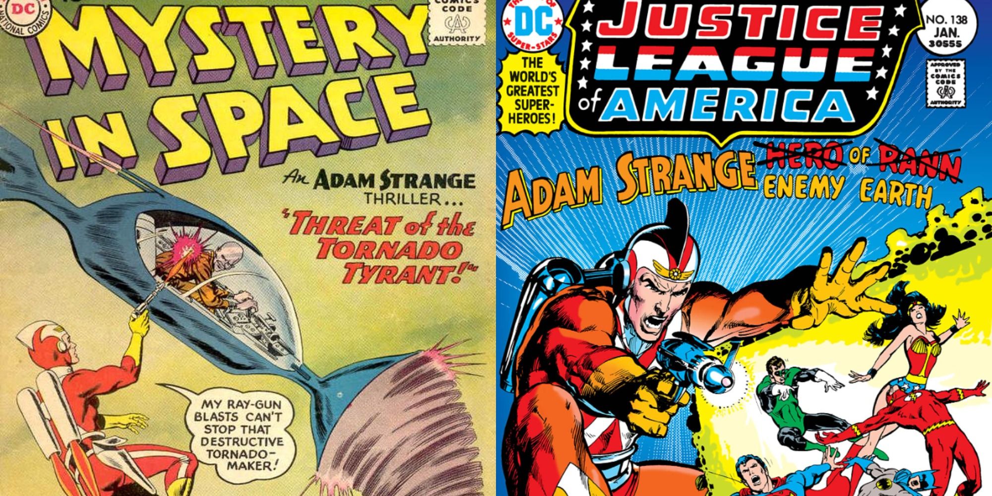 Split image showing the covers of Mystery in Space #61 and Justice League of America #138