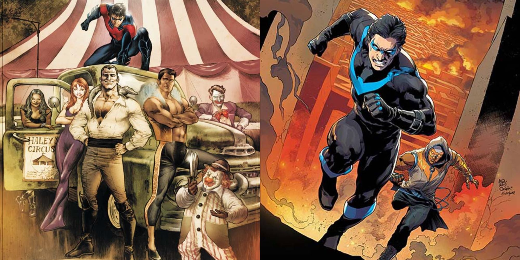 Split image of the Haly circus troupe and Nightwing with Raptor in DC comics