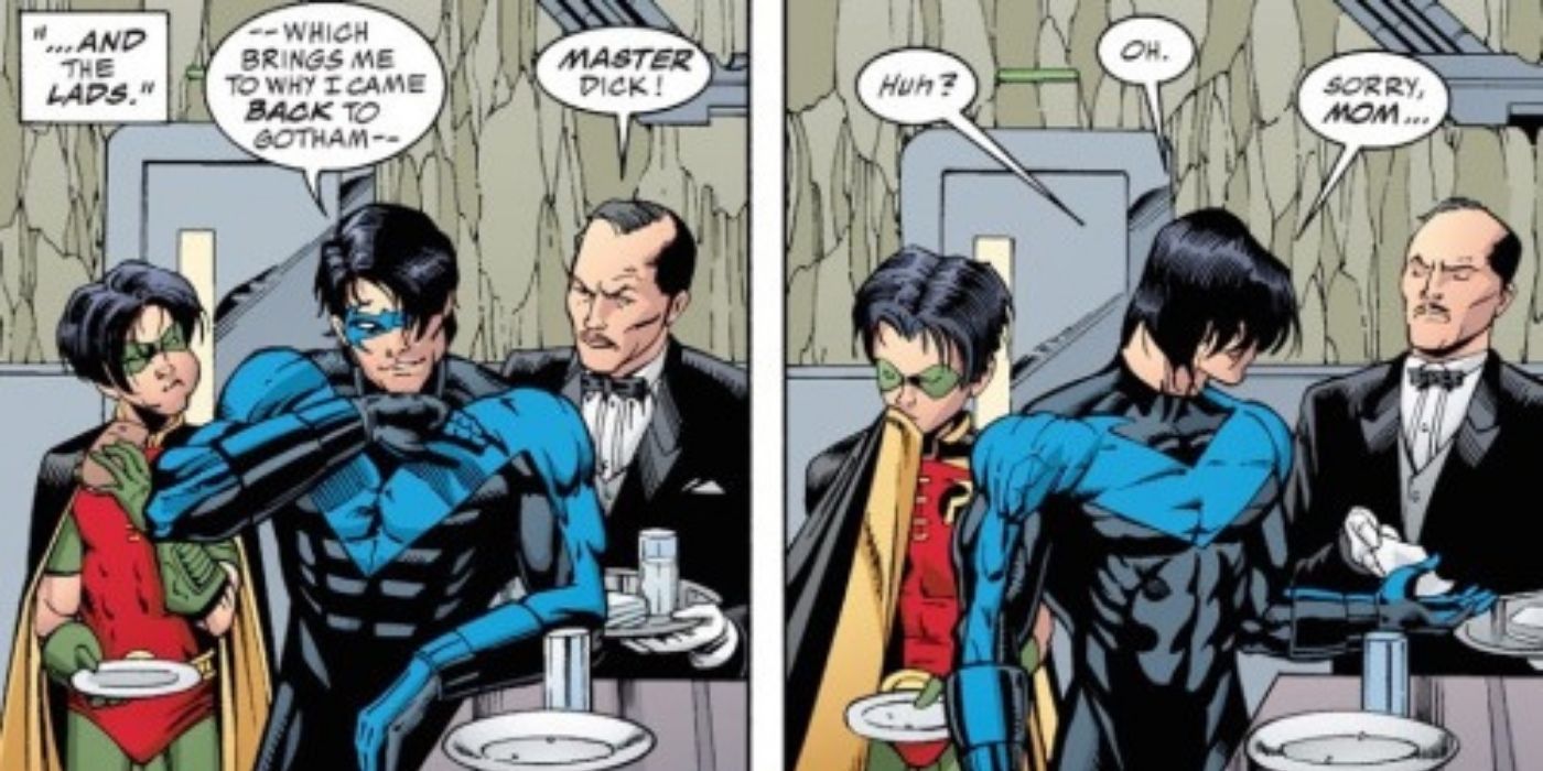 Alfred scolds Nightwing for not using a napkin in DC comics