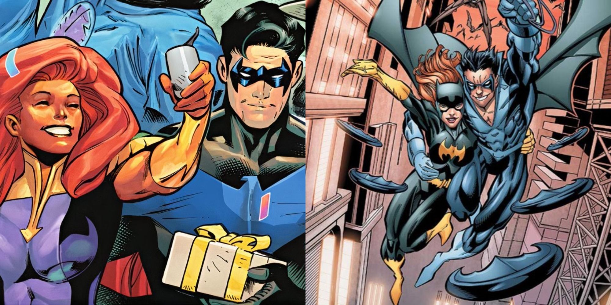 Split image showing Nightwing with Starfire and Batgirl swinging through a city in DC Comics.