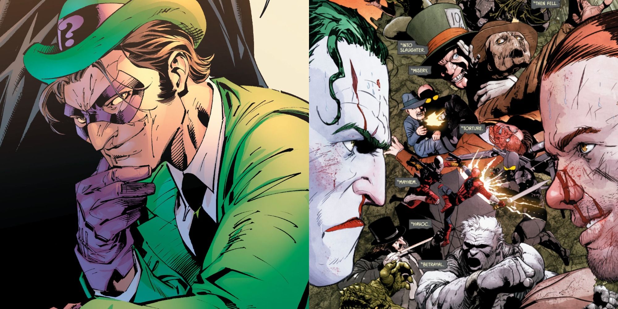 Splirt image of Riddler, and Riddle and Joker facing off