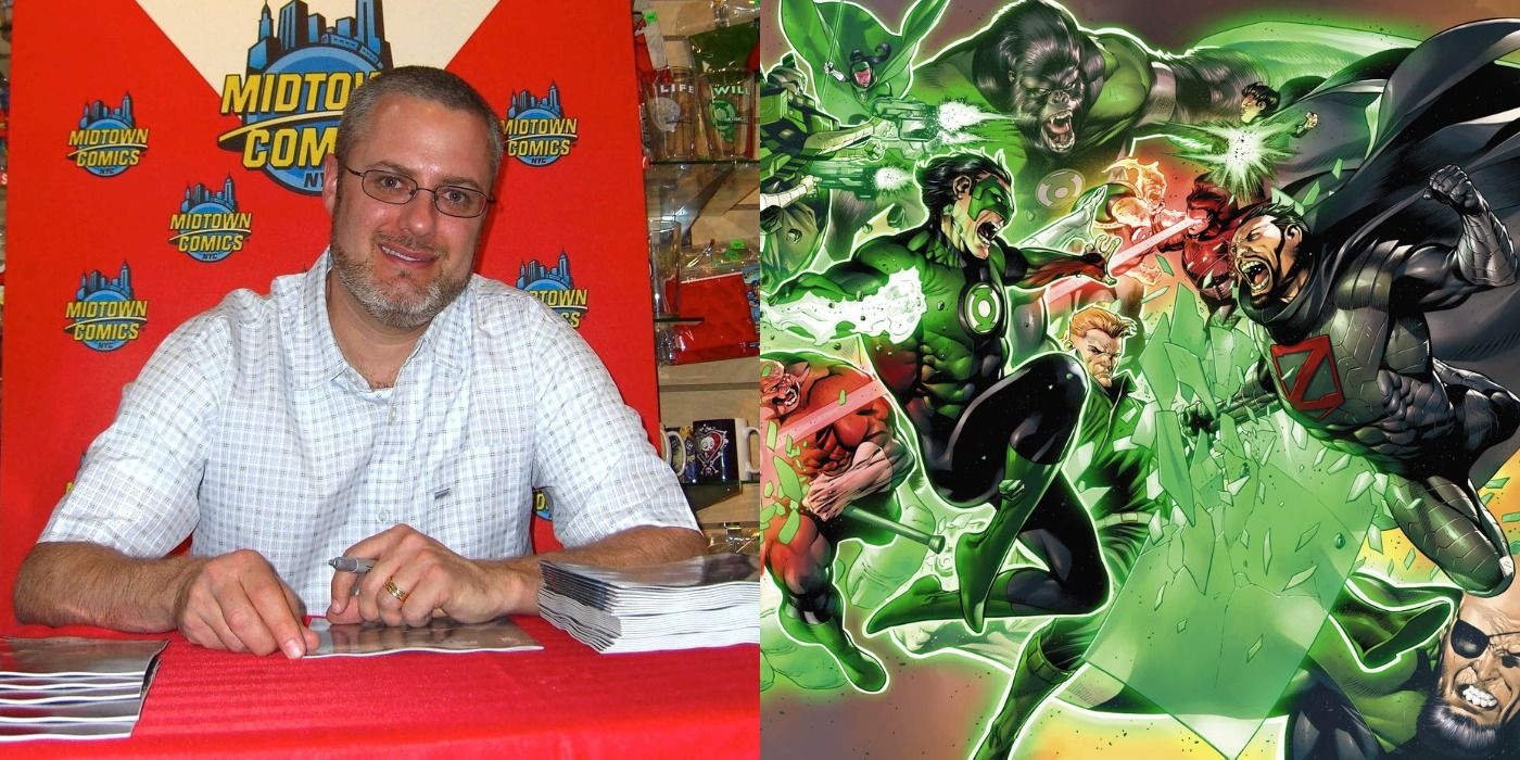 Split image showing comic book writer Robert Venditti and Green Lantern fighting