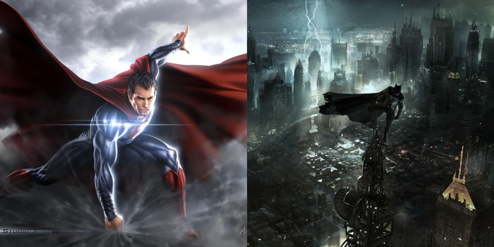 Split image of DCEU Superman and Batman concept art