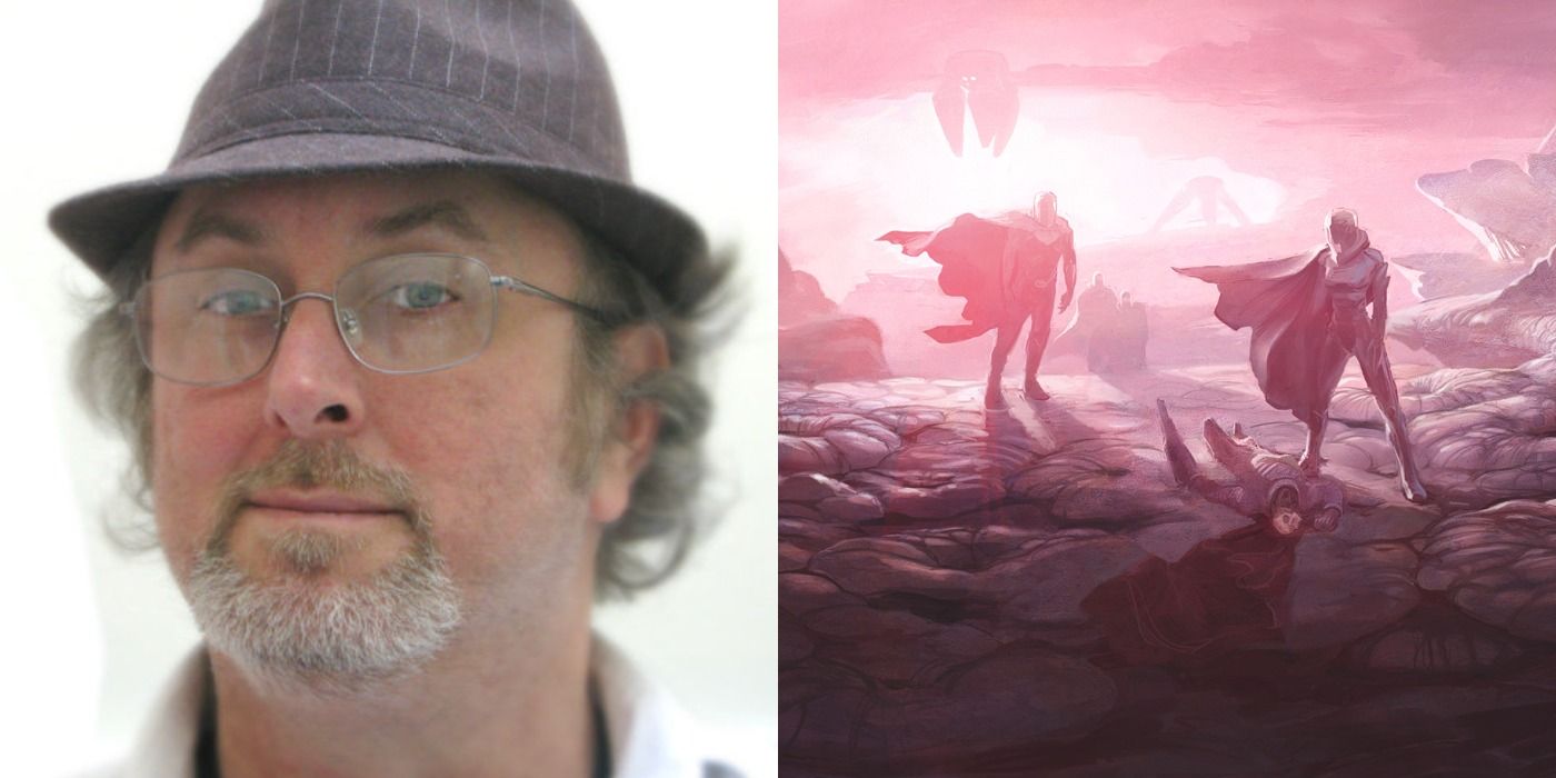 Split image showing Peter Rubin and concept art for Man of Steel