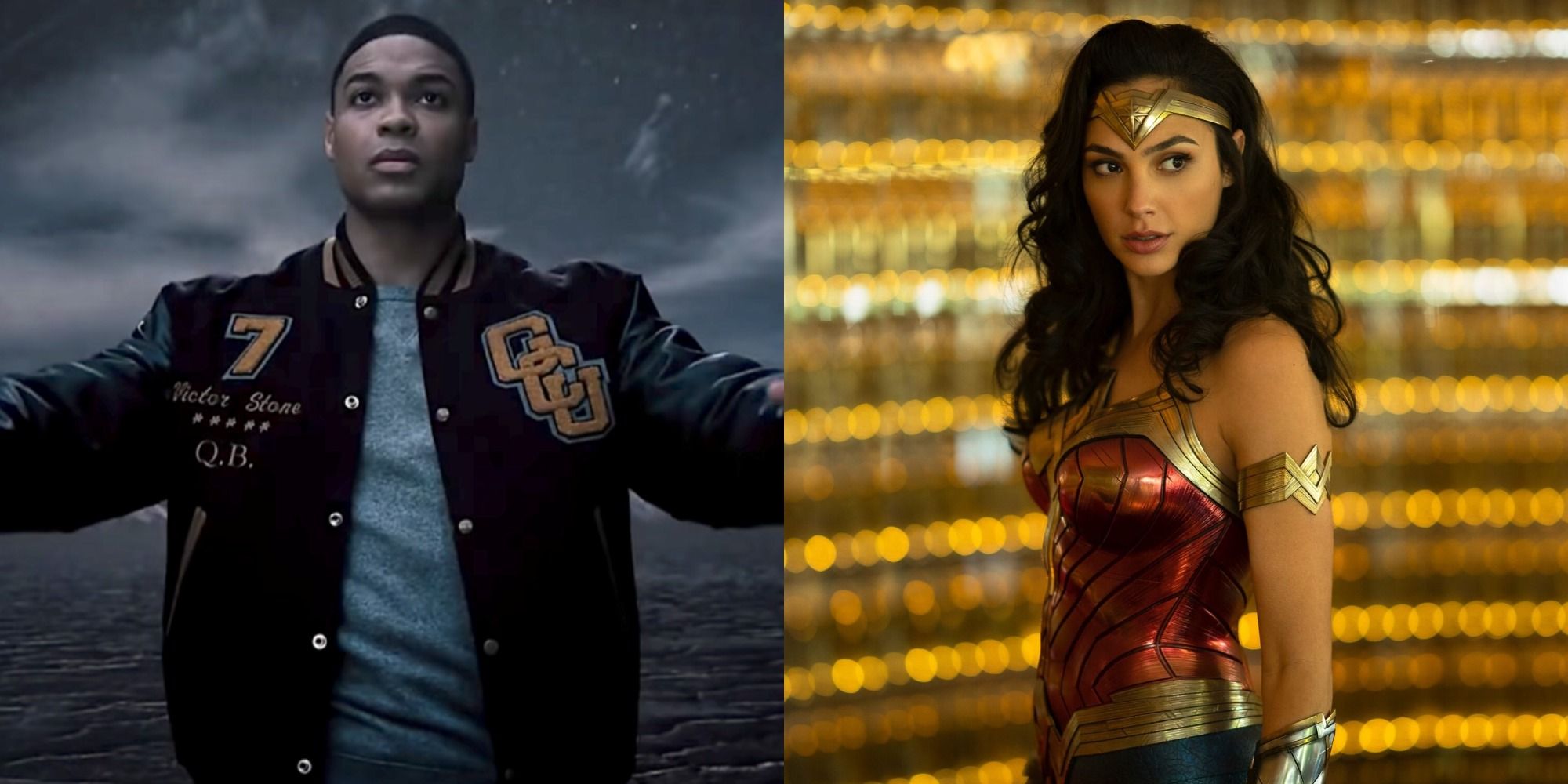 Split image of Victor Stone in his letterman jacket in Justice League &amp; Wonder Woman in Wonder Woman 1984.