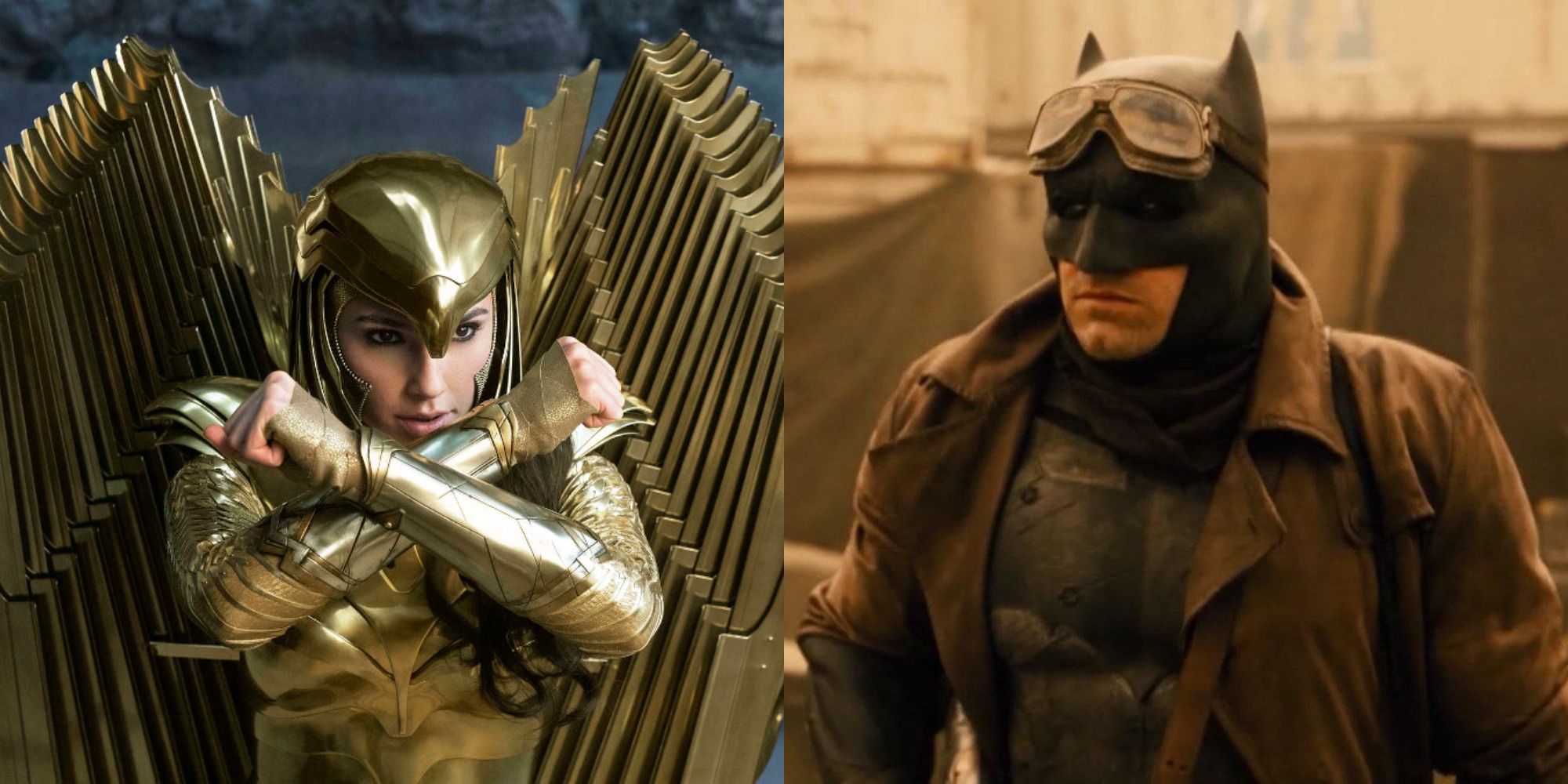 Split image showing Wonder Woman&rsquo;s Golden Armor and Batman&rsquo;s Knightmare suit in the DCEU.