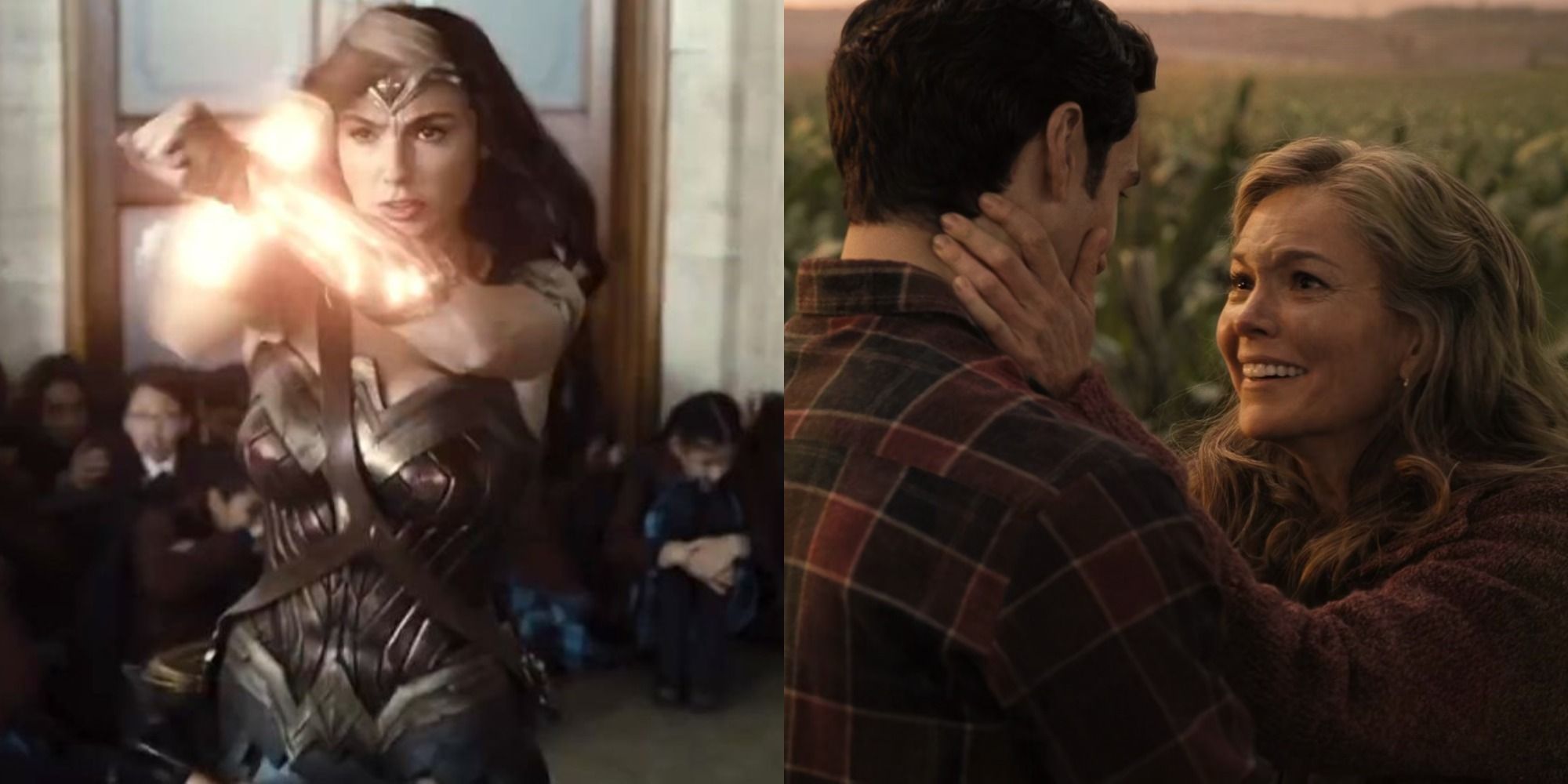 Split image showing Wonder Woman defending children and Martha hugging Clark in Zack Snyder&rsquo;s Justice League