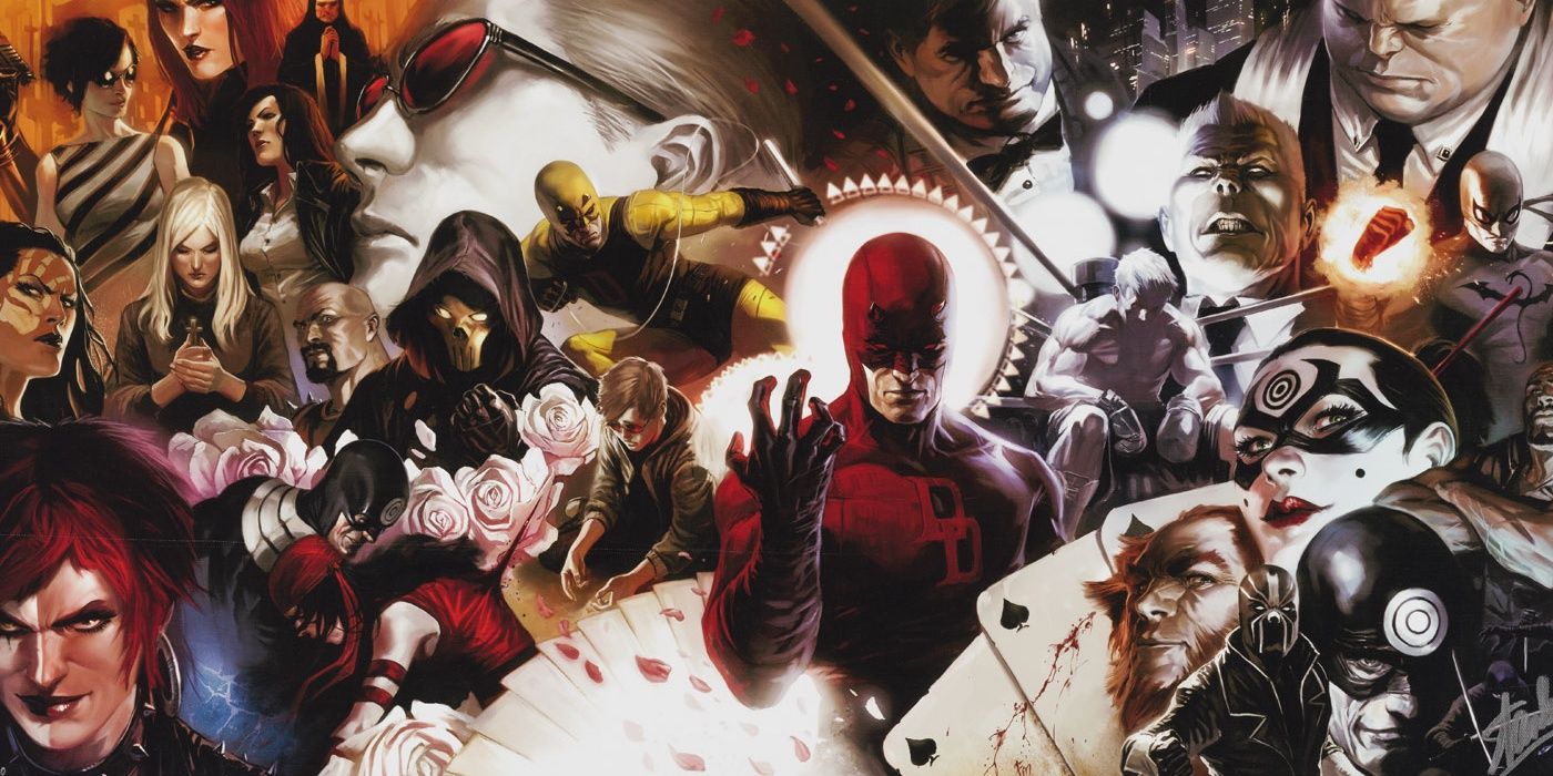 Cover for Daredevil #500 featuring the cast of characters in a collage