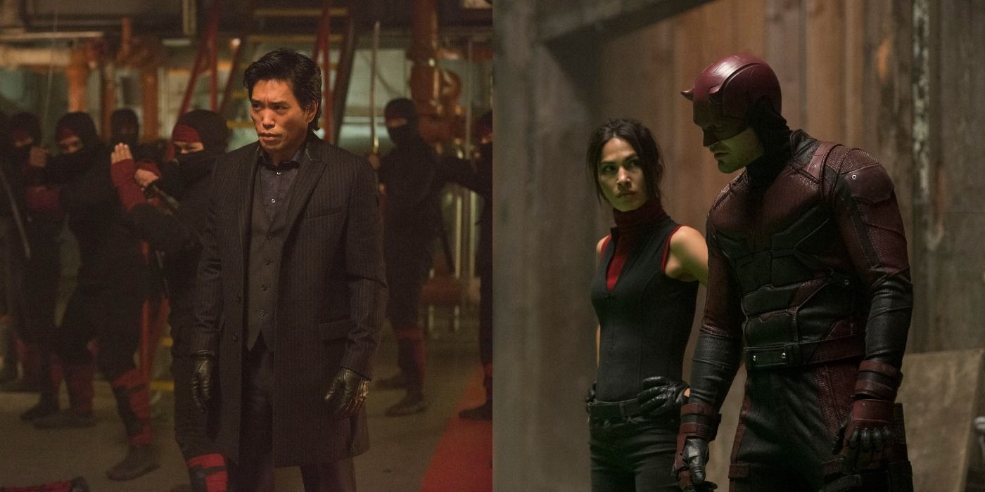 Split image of the Hand and Daredevil with Elektra in season 2