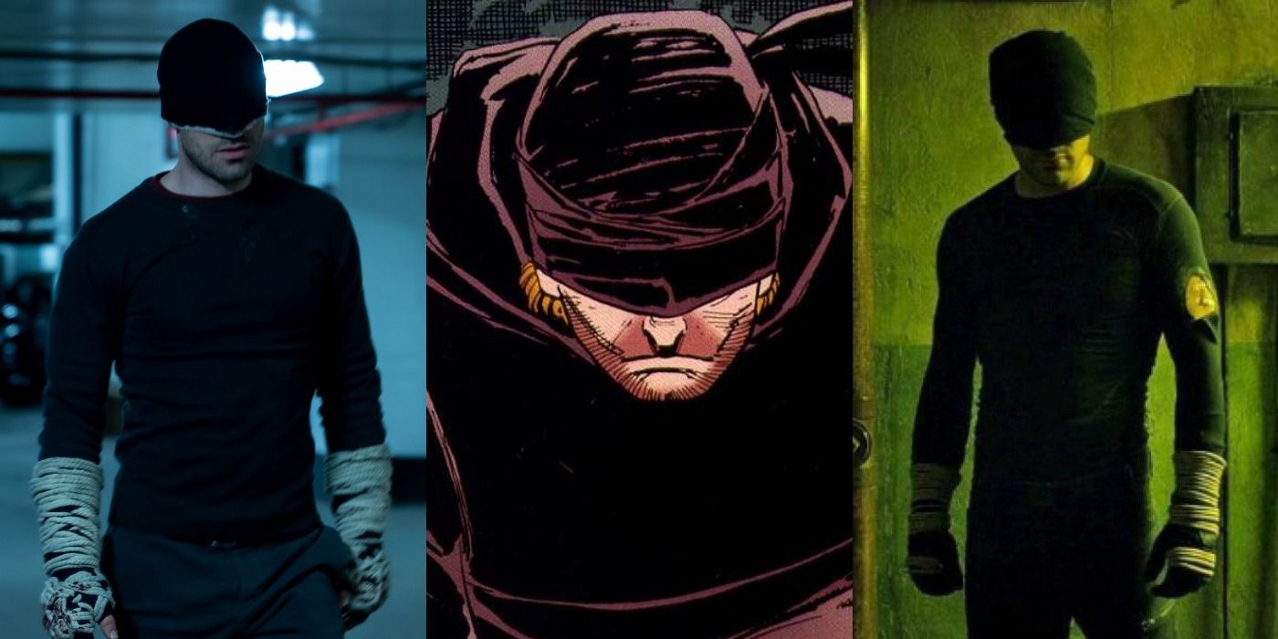 Split image of Daredevil in season 3, the origin story comic, and season 1