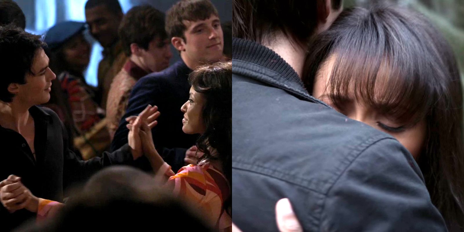 Split image of Damon and Bonnie dancing and hugging in The Vampire Diaries.