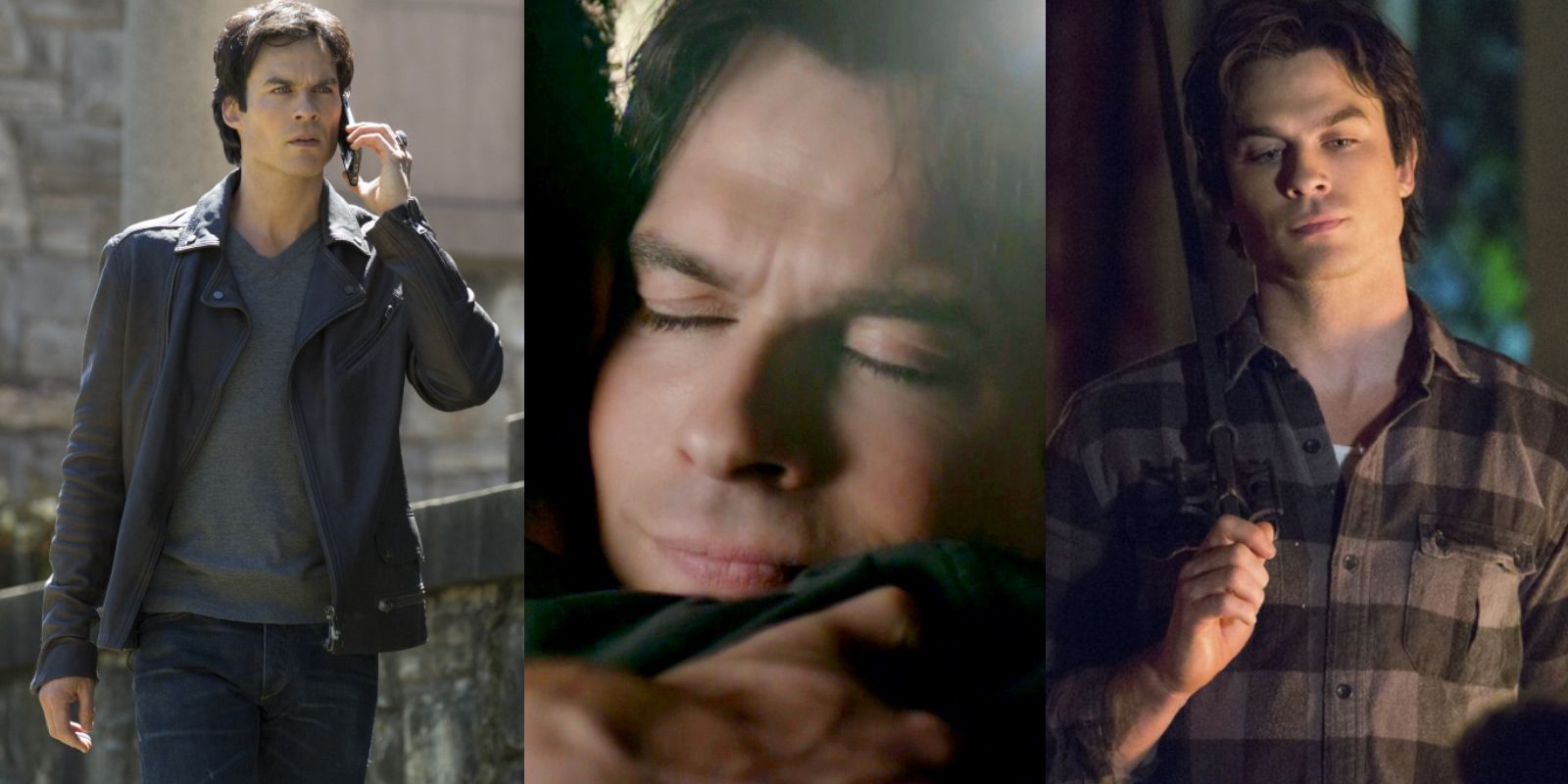 Split image of Damon on the phone, hugging Stefan, and holding a stoker in The Vampire Diaries.