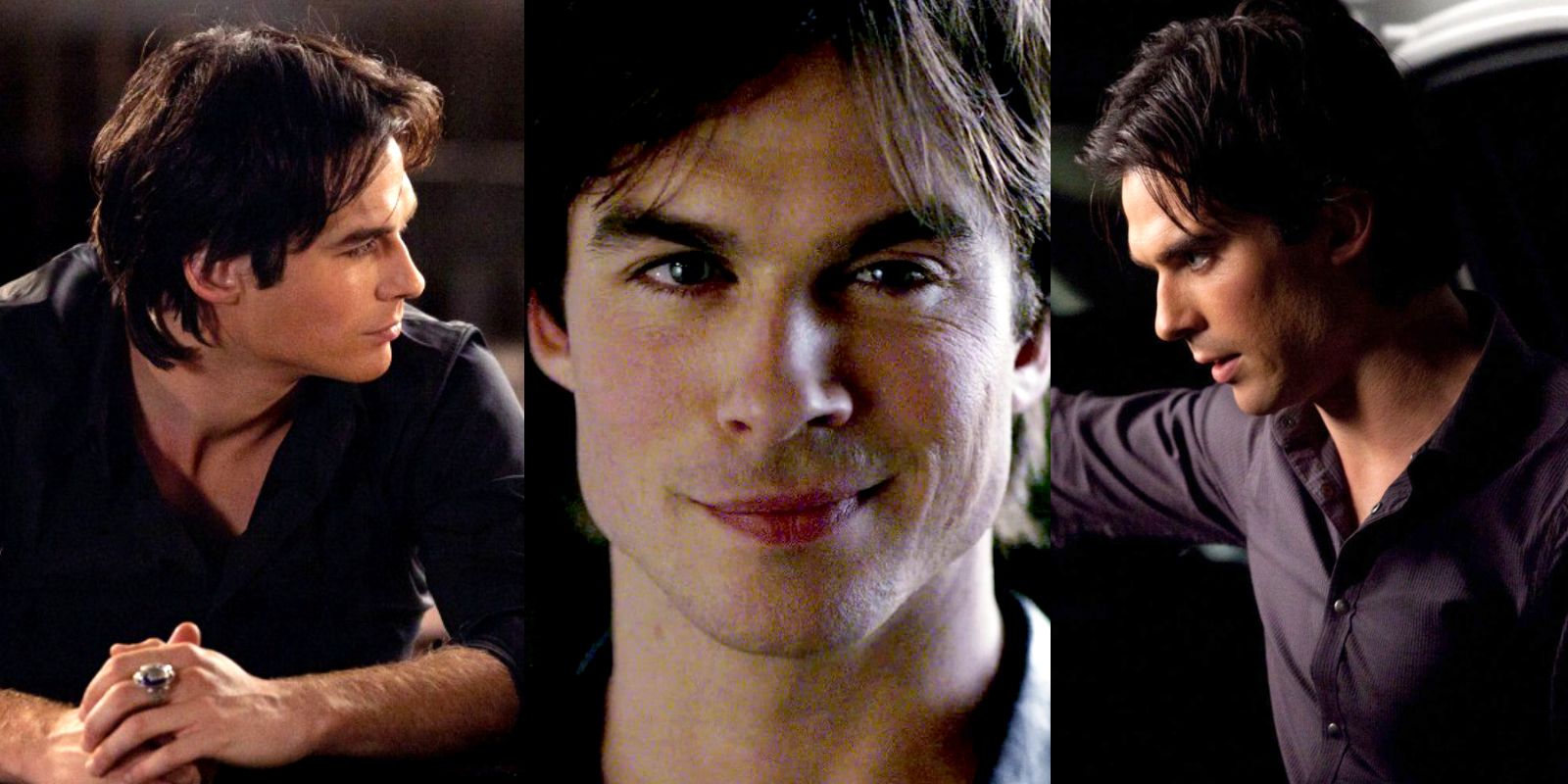 Split image of Damon at the bar, in the pilot, and outside the car in The Vampire Diaries.