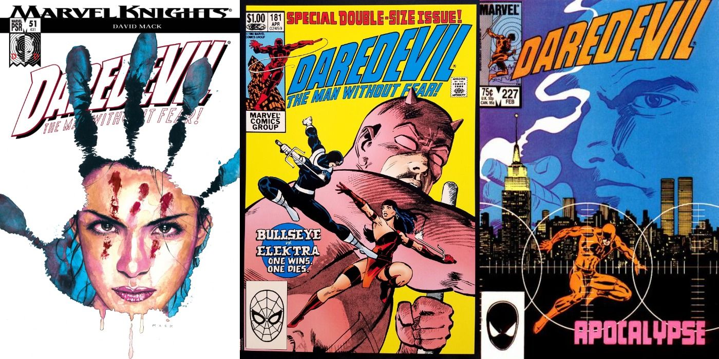 Split image of comic book covers of Daredevil 51, Daredevil 181, and Daredevil 229.