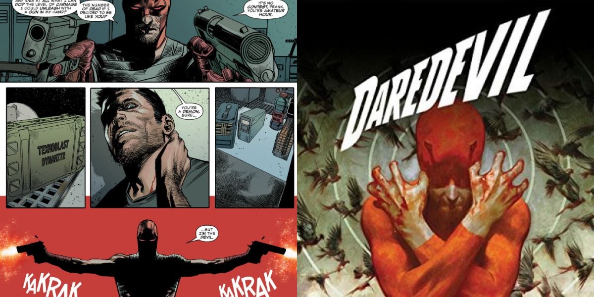 Split image of Daredevil escaping from Punisher and the Know Fear cover art
