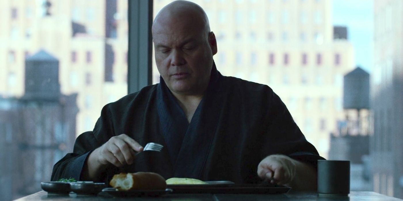 Wilson Fisk eating an omelette in his robe in Daredevil.