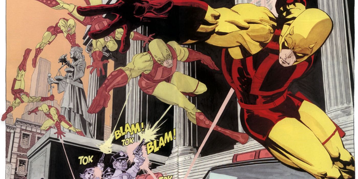 Daredevil in his yellow suit acrobatically dodging police gunfire