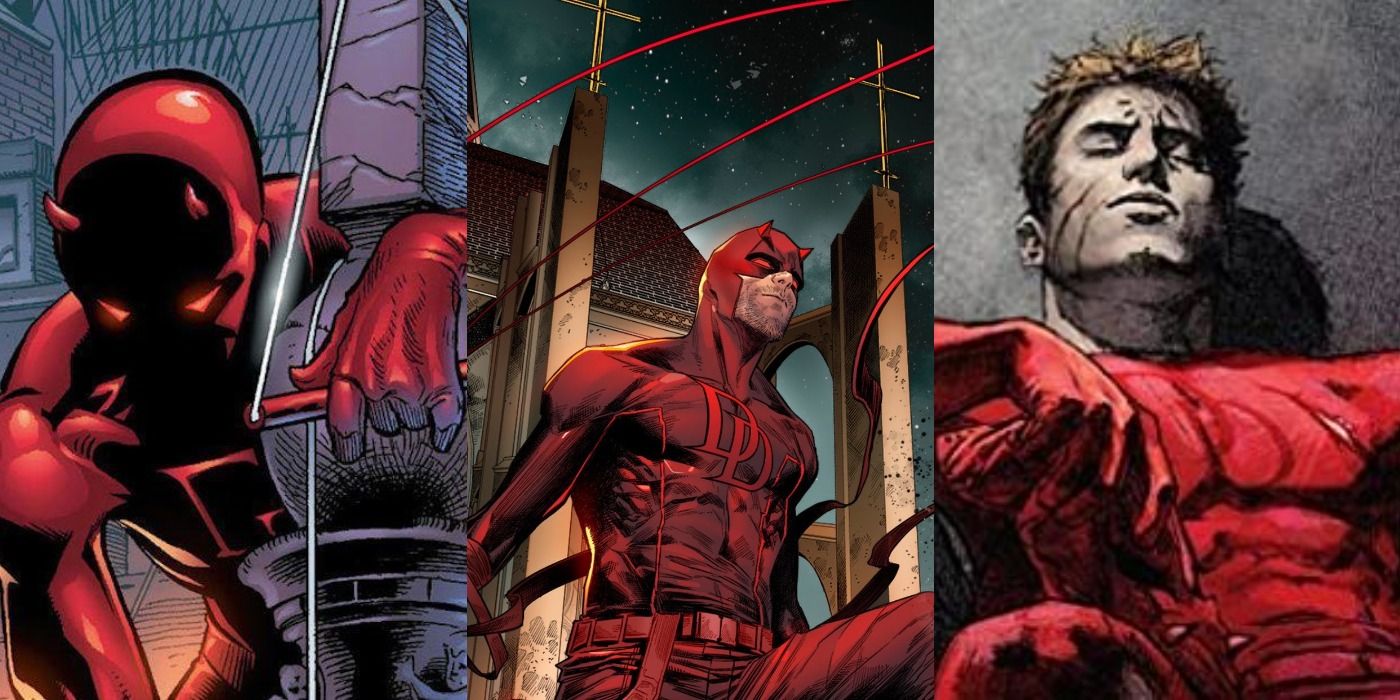 Split image of covers for Guardian Devil, Truth/Dare, and Hardcore with Daredevil sitting on a chair.
