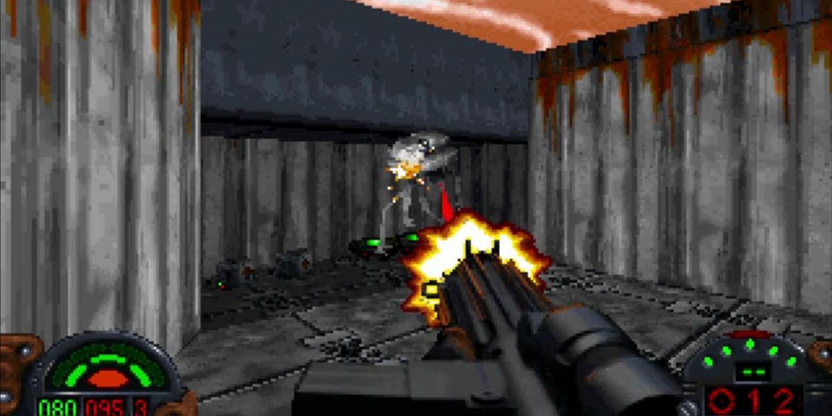 Gameplay image of the player shooting probe droids in Dark Forces