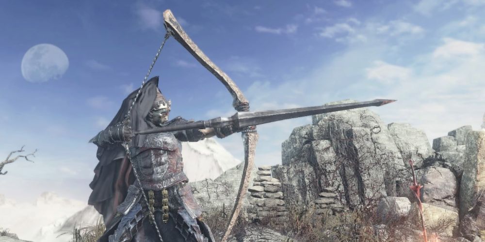 A character pointing a Bow And Arrow in Dark Souls 3 