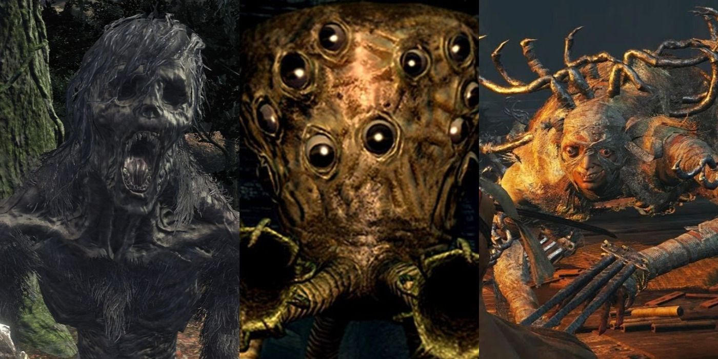 A Corvian, Chaos Eater, and Centipede from the Dark Souls series, shown side by side.