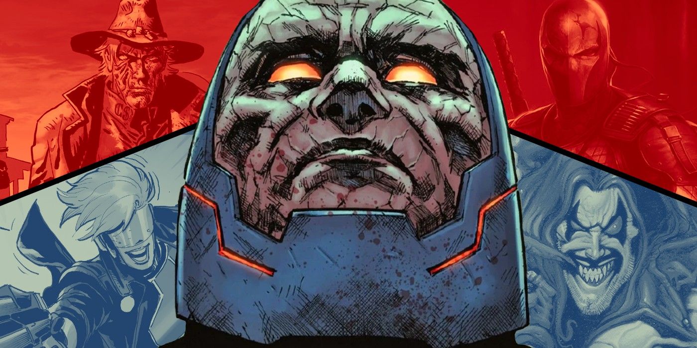 Darkseid looms over pictures of several DC characters 