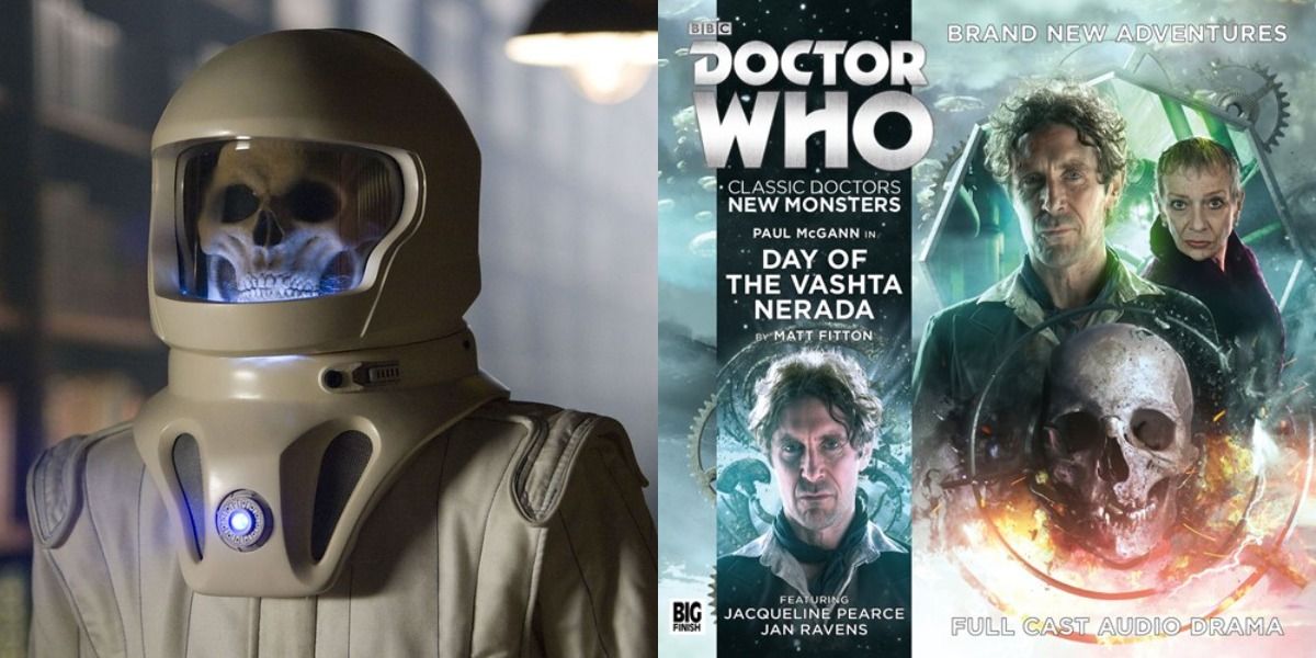 Paul McGann and Jaqueline Pearce on the cover of Day Of The Vashta Nerada, with a Vashta Nerada from Silence In The Library/Forest Of The Dead next to him.