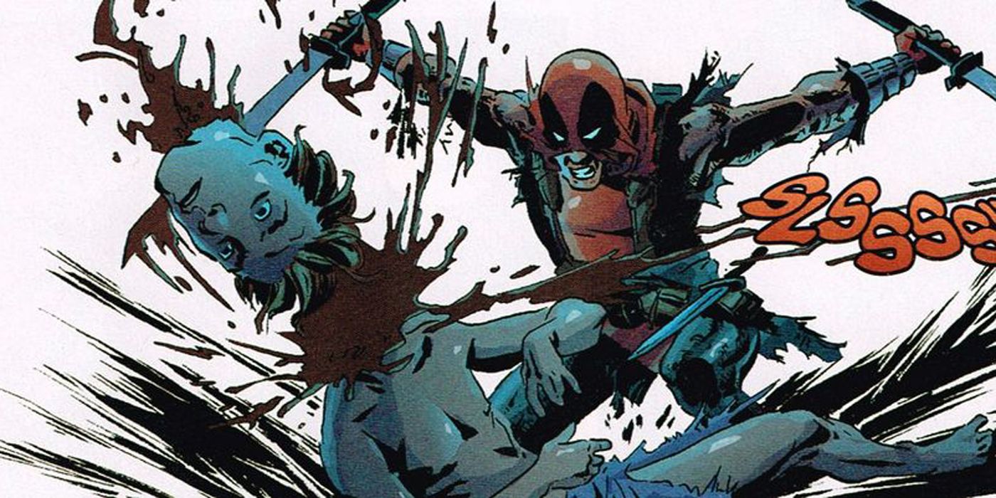 Deadpool decapitates Hulk with swords in Marvel comics.