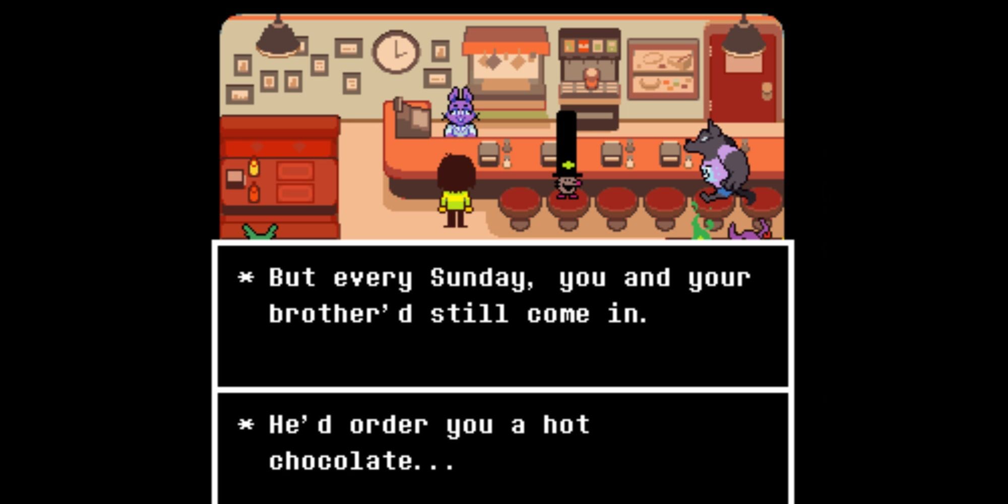 The cashier comments on Kris and Asriel's hot cocoa orders in QC Diner
