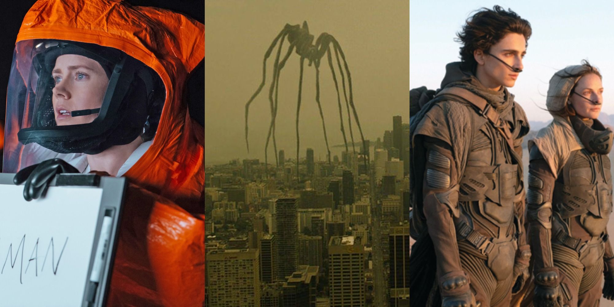 Split image of Amy Adams in Arrival, a giant alien, & Timothee Chalamet & Rebecca Ferguson in Dune.
