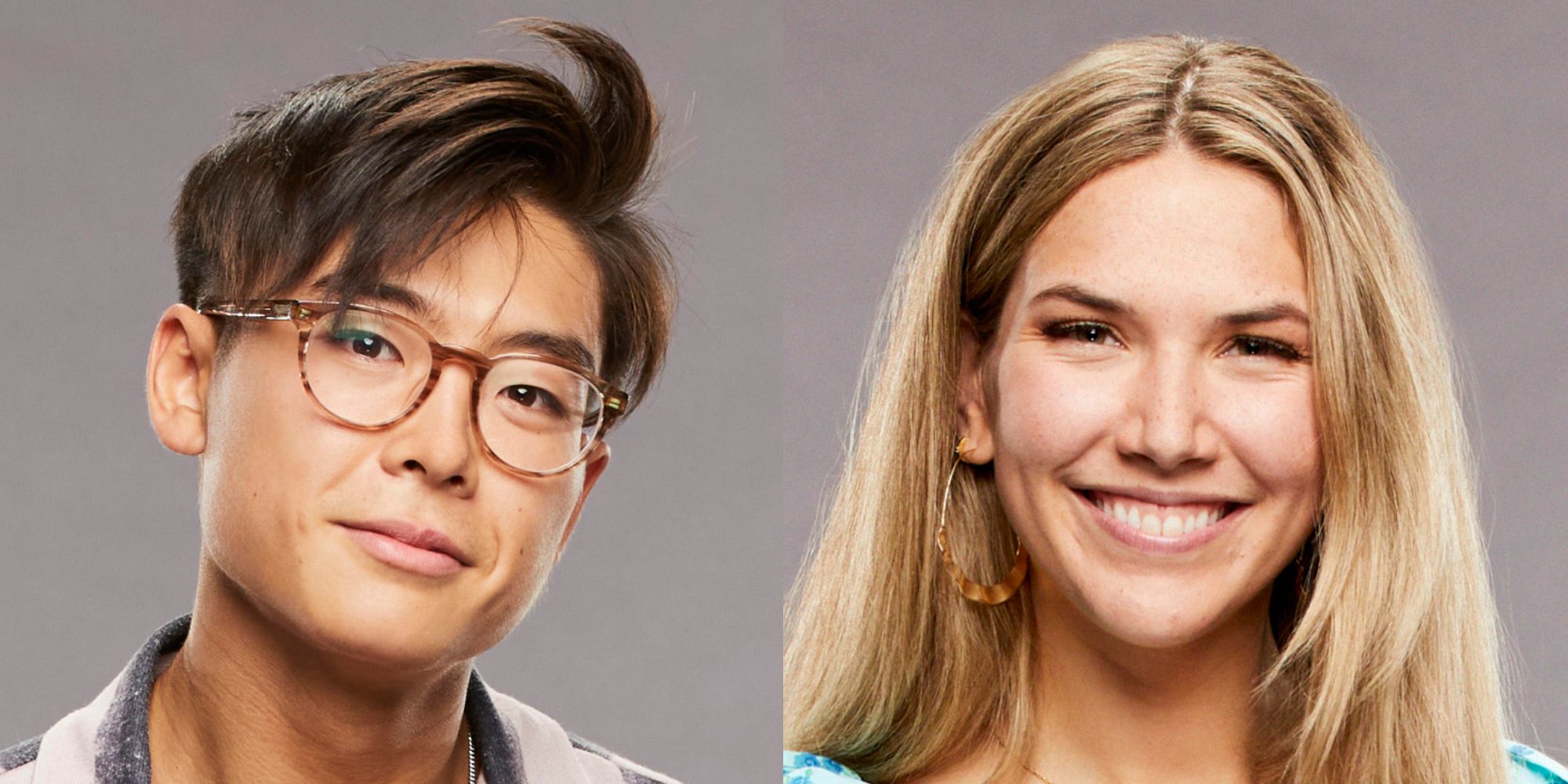 Split image of Derek Xiao and Claire Rehfuss from Big Brother and The Amazing Race smiling.