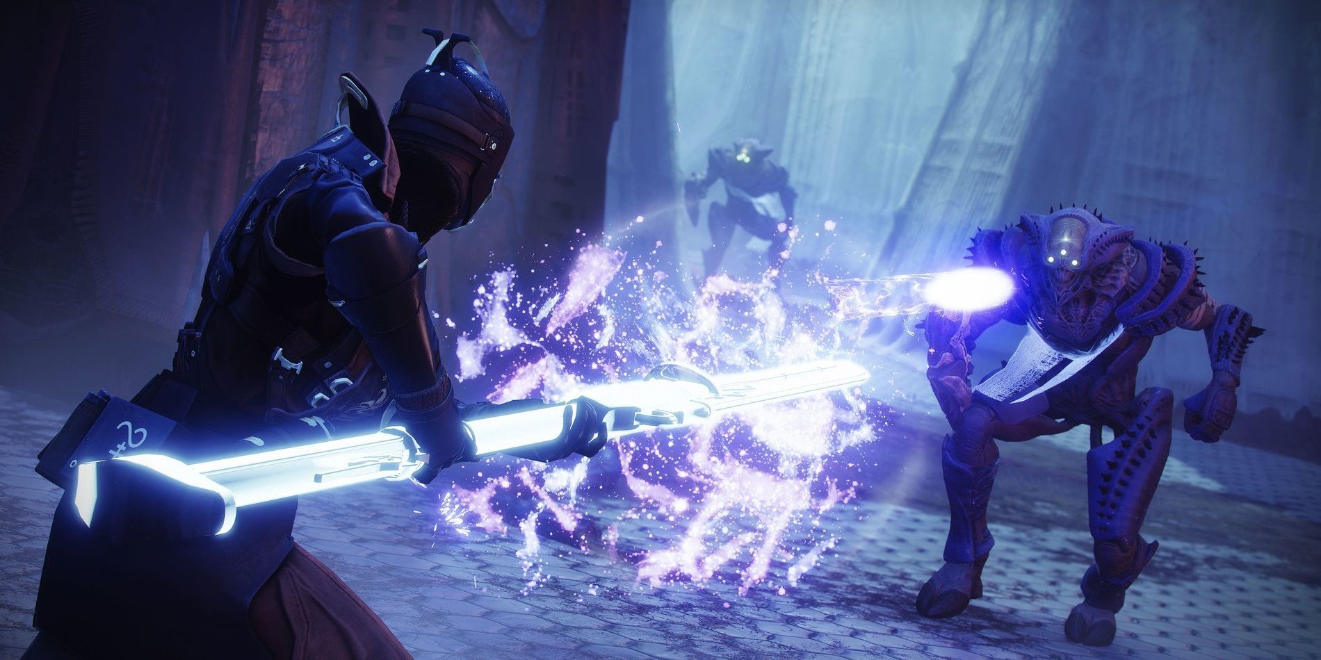 A guardian attacks two Hive using the new glaive weapon in Destiny 2