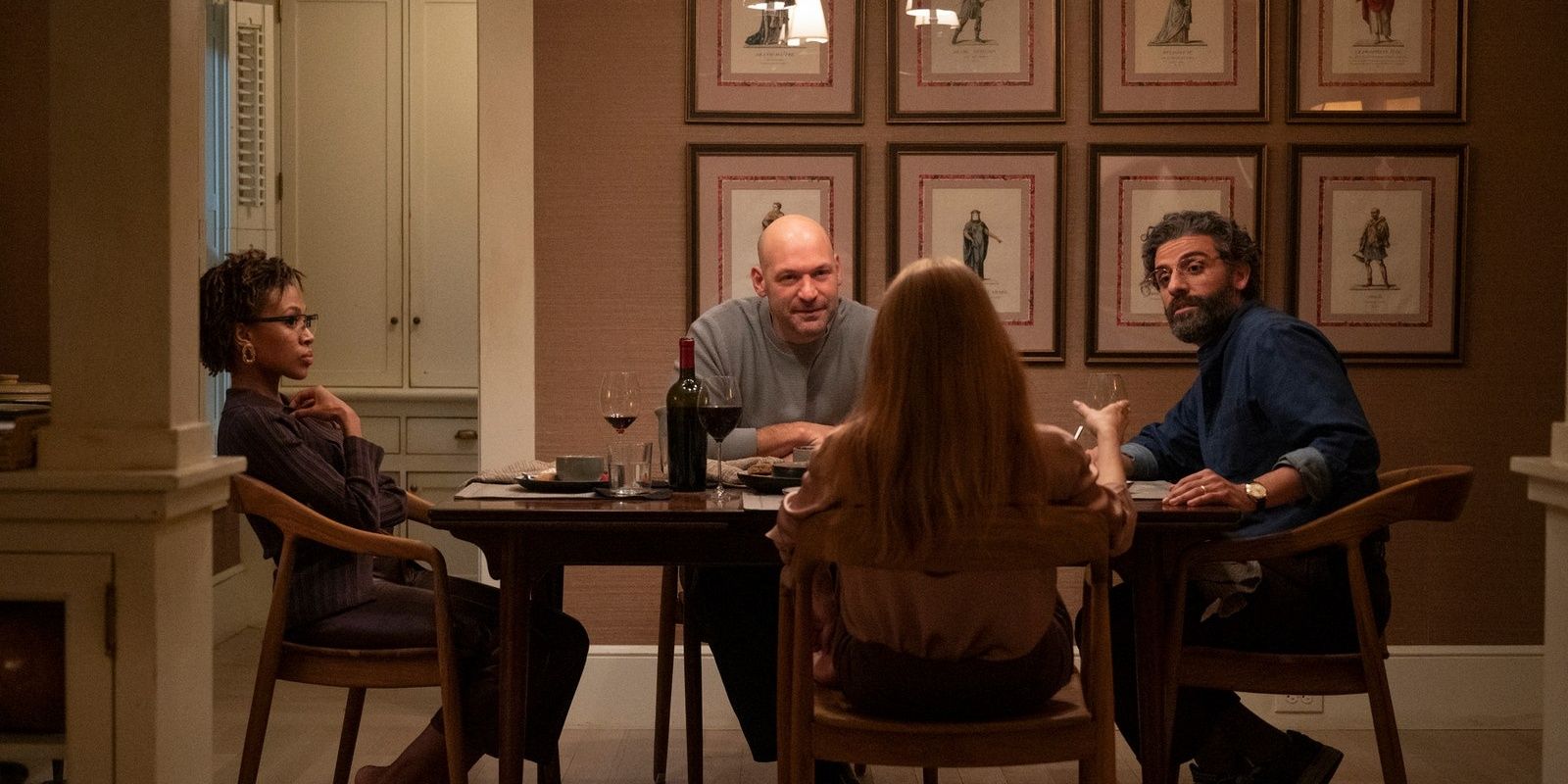 Oscar Isaac and Jessica Chastain host a dinner party with Corey Stoll in Scenes From a Marriage