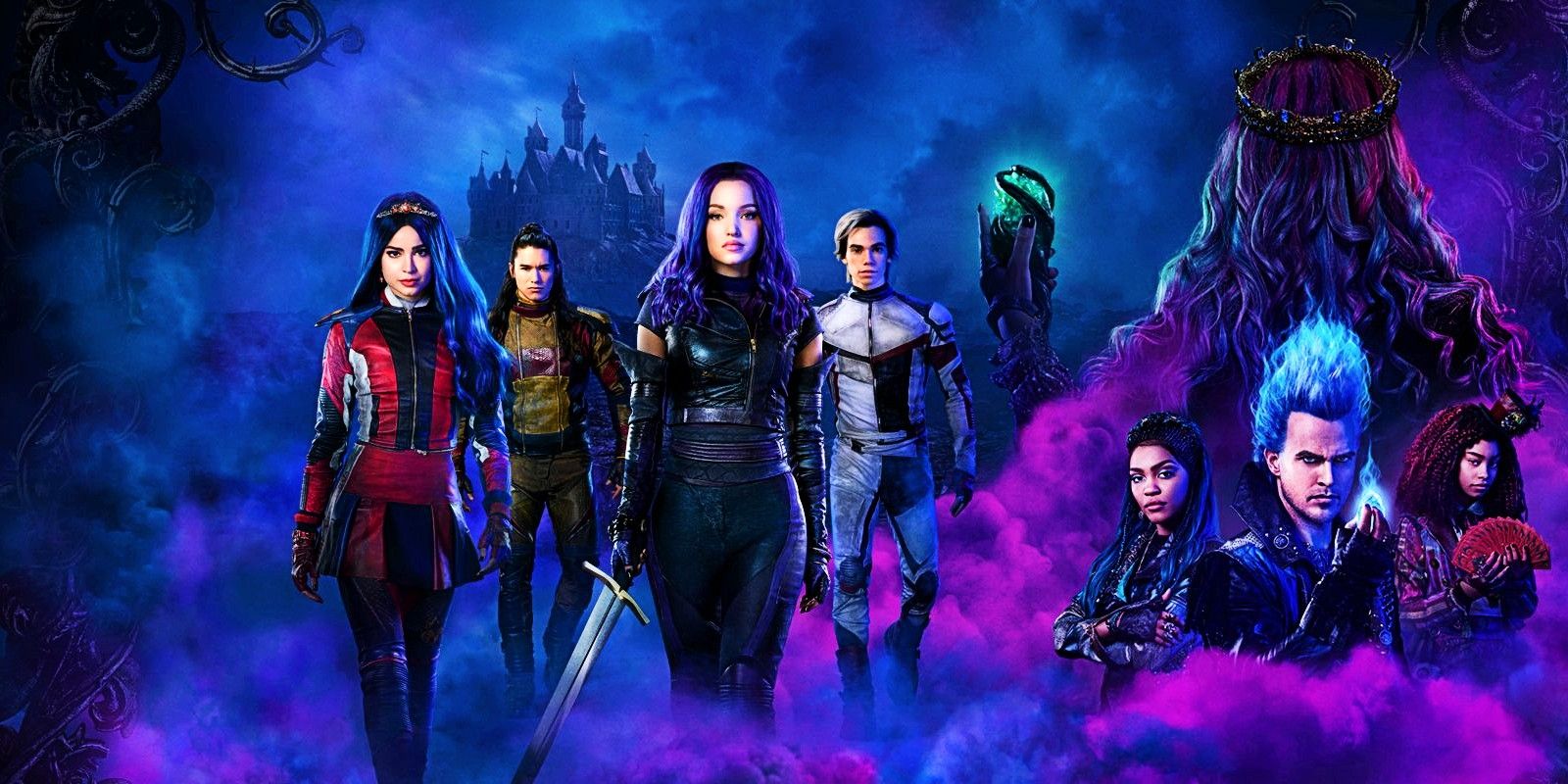 Disney Descendants 3 Movie Poster with Evie, Jay, Mal, Carlos, Uma, and Hades in front of a purple background.
